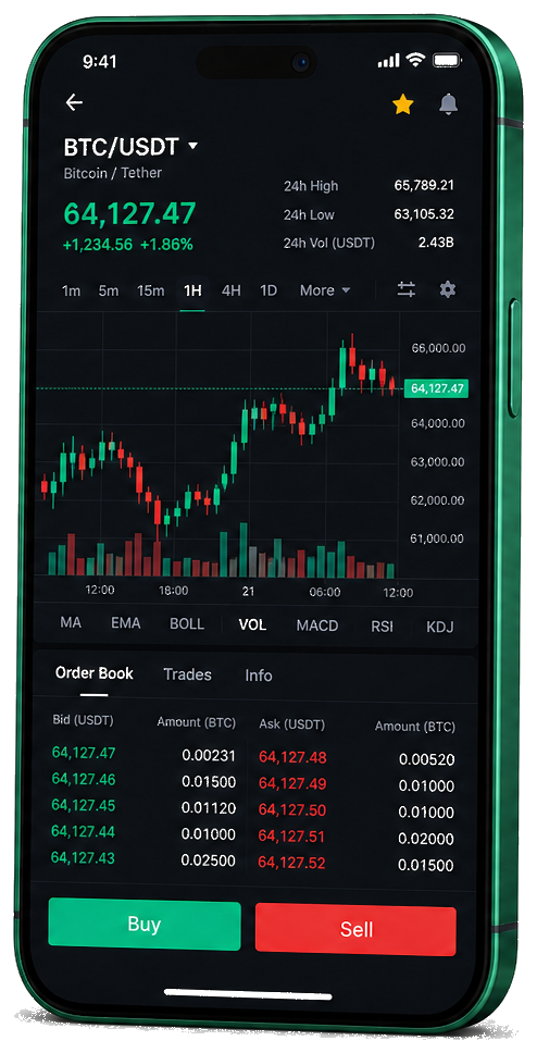 Valorstead app for mobile — live BTC/USDT graph, order book, and trade dashboard